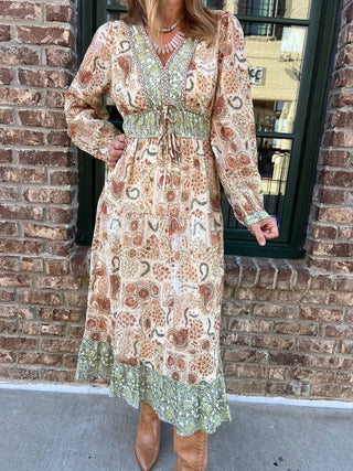&Merci | Juliette Mixed Paisley Midi Dress Olive Brick Multi