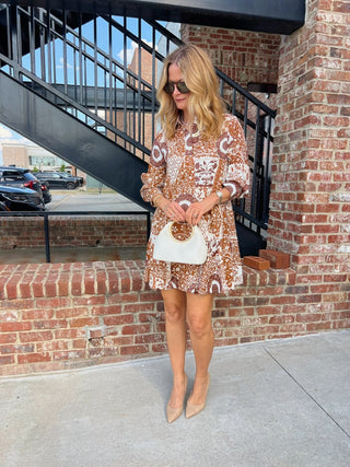 Entro | Gia Long Sleeve Botanical Mini Dress Camel
