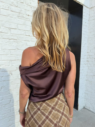 Olivaceous| Kenzie One Shoulder Satin Top Brown