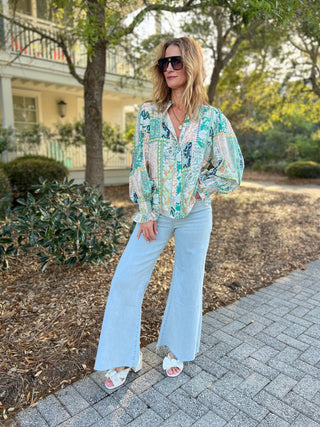 FATE | Bella Printed Ruffle Neck Blouse Green Multi