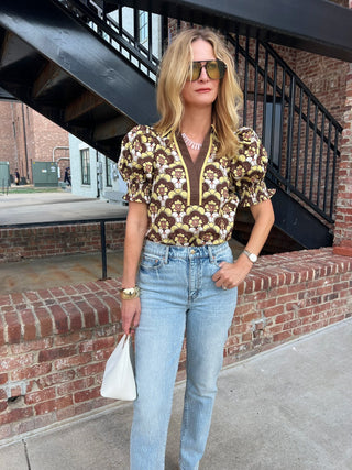 Entro | Morgan Abstract Floral Puff Top Brown