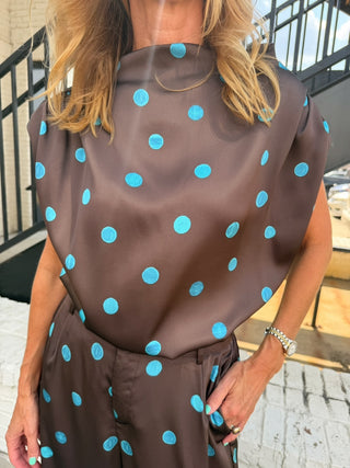 The Selena Polka Dot Top Brown/Turq