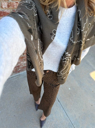 Woolen Bandana Print Scarf Olive