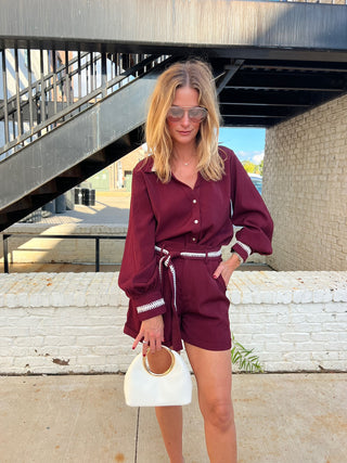 GLAM | Jennifer Stitch Belted Shorts Burgundy