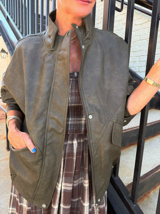 Kari Leather Oversized Jacket Deep Olive