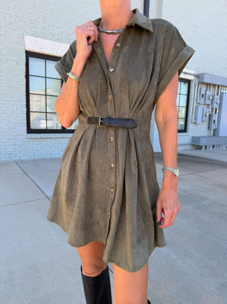Kendall Belted Suede Button Down Dress Olive