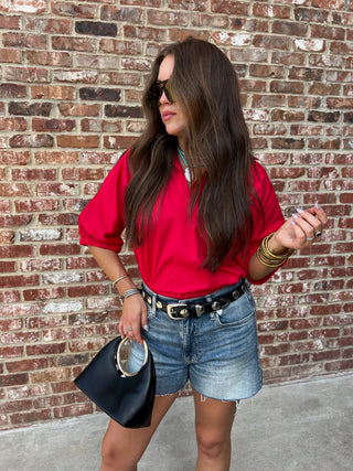 Adrienne | Stand Collar Drop Shoulder Top Red
