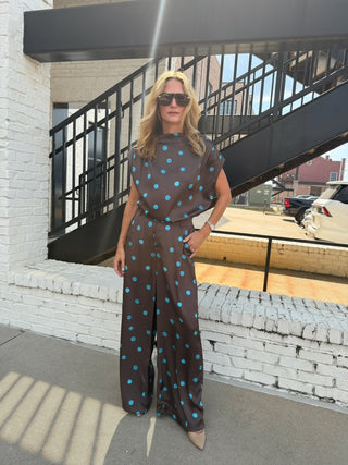 The Selena Polka Dot Top Brown/Turq