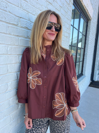 Entro | Arlo Embroidered Ruffle Blouse Chocolate