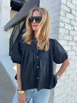 Entro | Helen Pleated Pintuck Puff Blouse Black