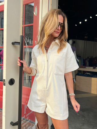 Reminiscence | Lillian Twill Stitching Romper Off White