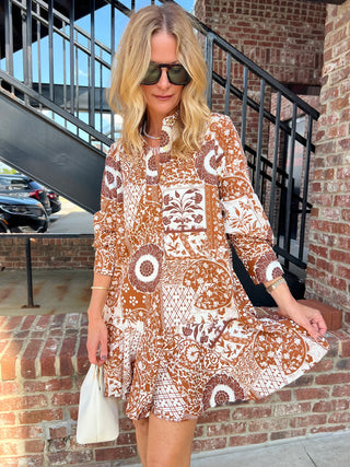 Entro | Gia Long Sleeve Botanical Mini Dress Camel