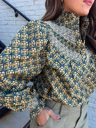 Entro | Floral Smocked Blouse H Green