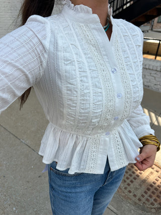 TCEC | Emory Ruffled Button Blouse White