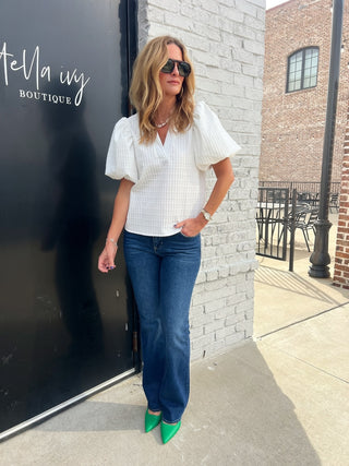 Kelsey V-Neck Puff-Sleeve Top White