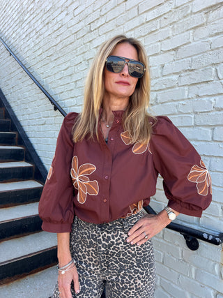 Entro | Arlo Embroidered Ruffle Blouse Chocolate