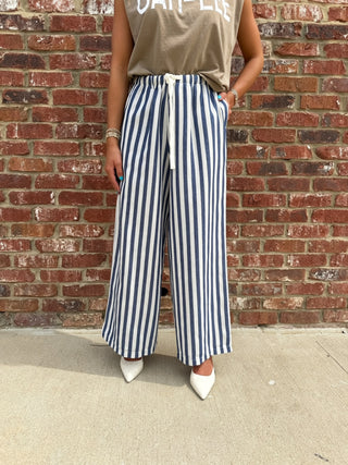 Olivaceous | Cally Drawstring Wide-Leg Pants Navy Stripe