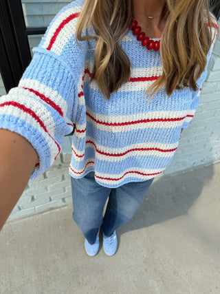 Arden Striped Sweater Dusty Blue/Red