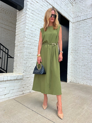 Entro | Josie Slit Hem Belted Midi Dress Olive