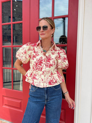 TCEC | Falon Toile Peplum Top Burgundy