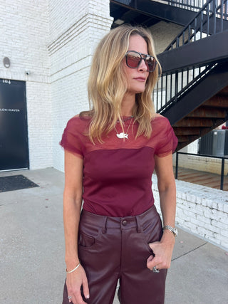 Le Lis | Mesh & Ponti Mix Drape Top Burgundy