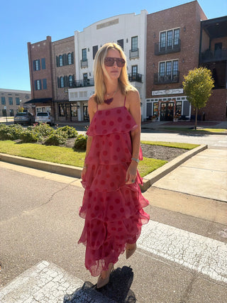 Danielle Tiered Polka Dot Maxi Dress Burgundy