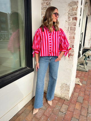 Cherry Pop Stripe Puff Top Pink/Red