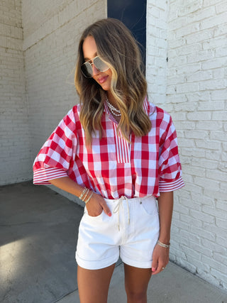 Entro | Gingham Popover Tunic in Red and White