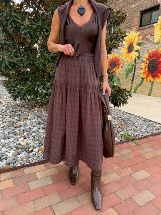 Rebecca Checkered Tiered Skirt Brown