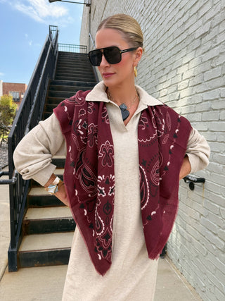 Woolen Bandana Print Scarf Burgundy