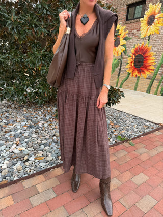 Rebecca Checkered Tiered Skirt Brown