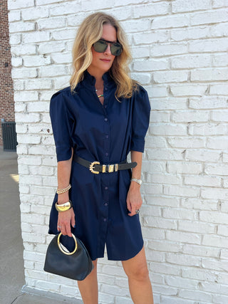 Dawn Ruffle Collar Shirt Dress Navy