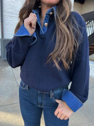 OLIVACEOUS| The Yoakam Contrast Sweater Navy