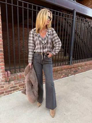 THML Addison Tie Front Ruffled Plaid Top