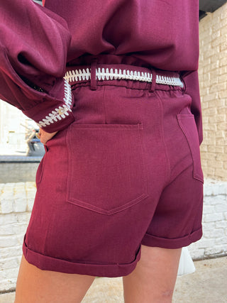 GLAM | Jennifer Stitch Belted Shorts Burgundy