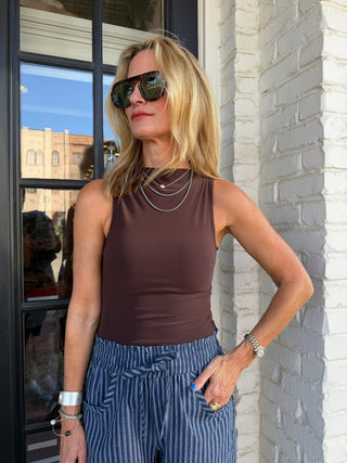 Stephanie Mock Neck Sleeveless Top Chocolate Brown
