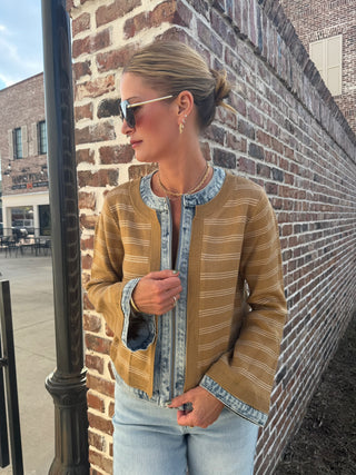 Denim Trim Knit Zip Up Jacket