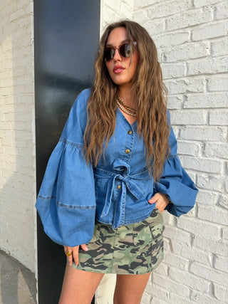 Indigo Tie Neck Denim Blouse