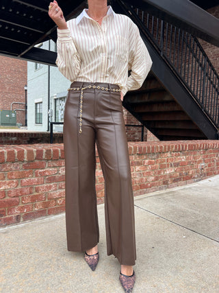 The Mac Wide Leg Pleather Pants Brown