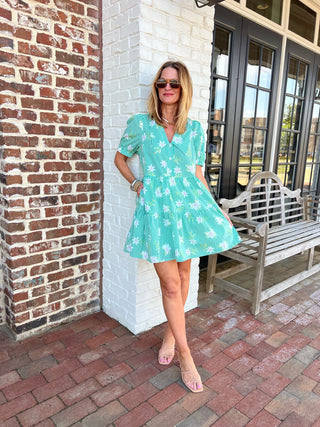 Entro | Oriana Floral Stripe Mini Dress Green