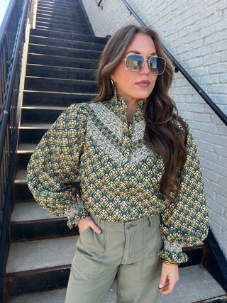 Entro | Floral Smocked Blouse H Green