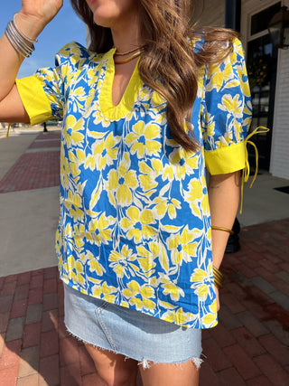 Entro | Thalina Floral Print V-Neck Top Blue