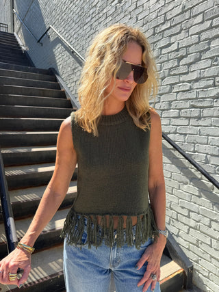 NEEDII Lina Fringe Vest Top Olive