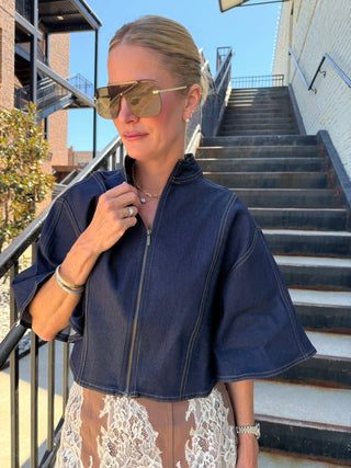 Claire Denim Capelet Top Dark Denim