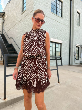 Madison Zebra Print Mini Dress Brown