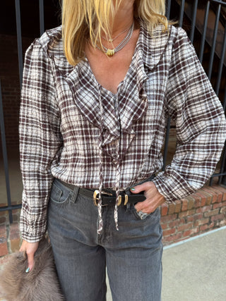 THML Addison Tie Front Ruffled Plaid Top