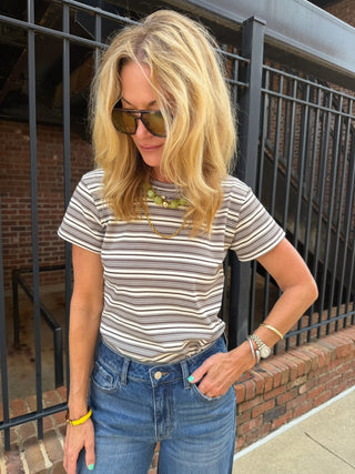 Olivaceous | Mila Stripe Baby Tee Cream and Brown