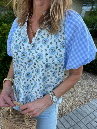 &Merci| Gaelith Notched V-Neck Top Blue