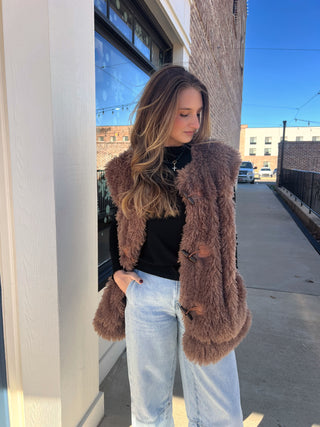 Jade Toggle Closure Fuzzy Vest Brown [Door Buster]