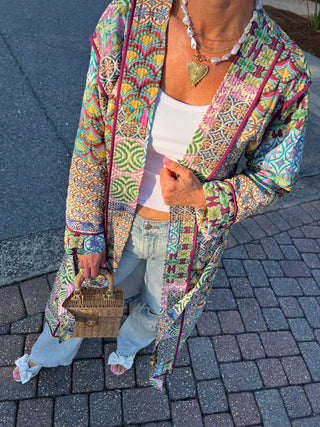 &Merci | Zelora Patchwork Print Long Jacket Wine Multi Patch